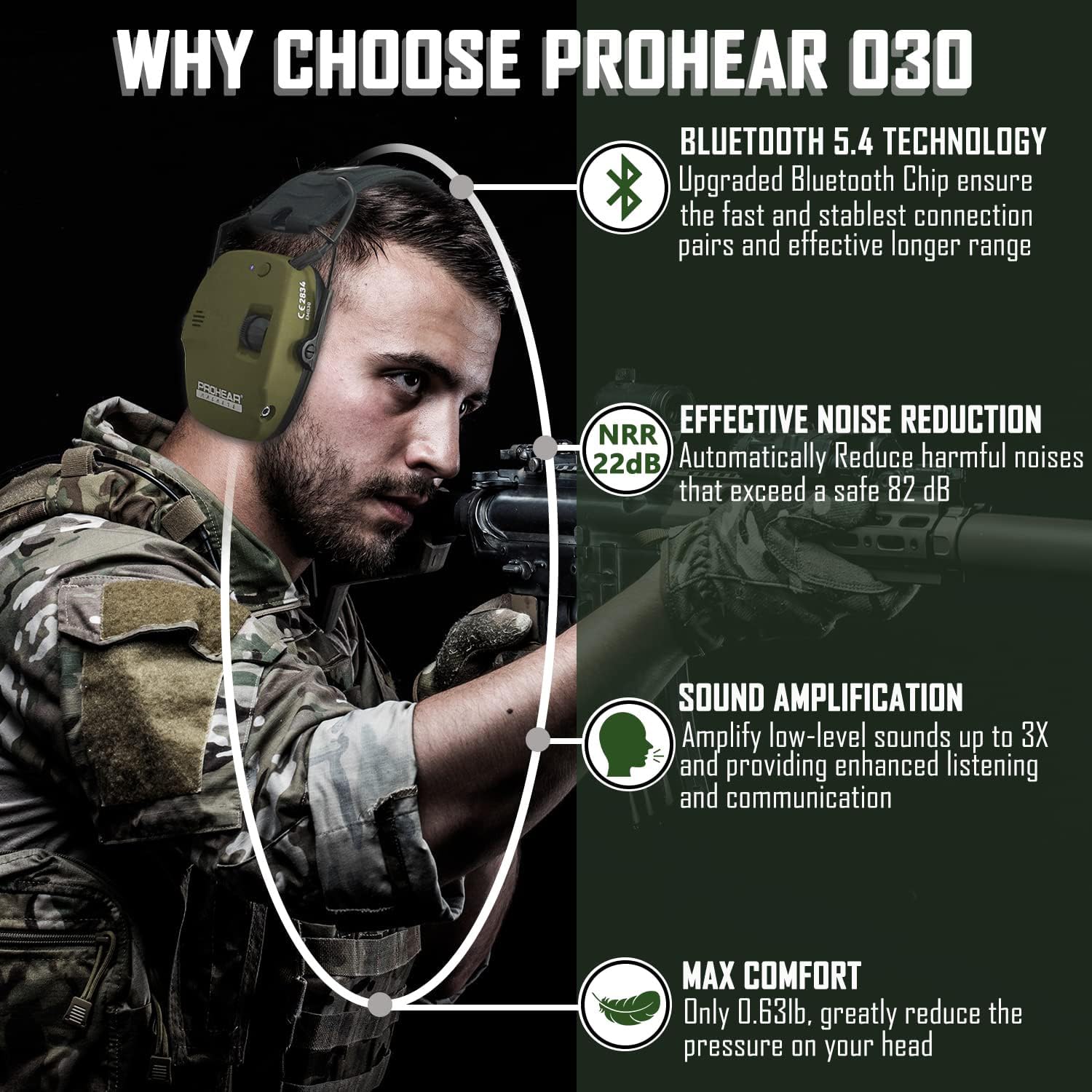 PROHEAR 030 Bluetooth electronic shooting hearing protection earmuffs, SNR 27dB,5X amplified sound