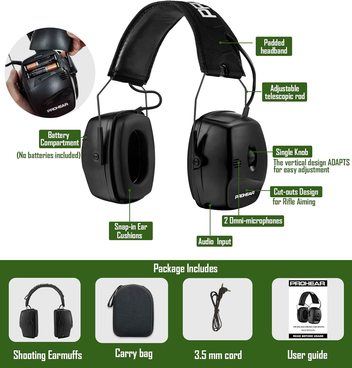 PROHEAR 056 electronic shooting noise reduction earmuffs, NRR 30dB, suitable for shooting noise reduction and hunting sound amplification