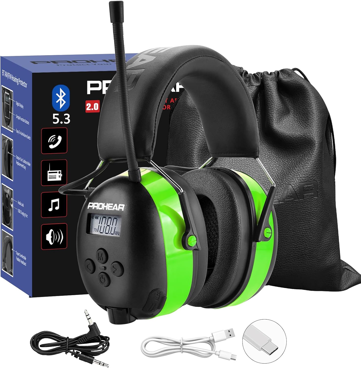 PROHEAR 033 2.0 safety protection noise reduction earmuffs, 5.4 Bluetooth, AM FM radio headset, with rechargeable 2000 mAH battery, suitable for mowing, lawn mowing and other labor protection scenes