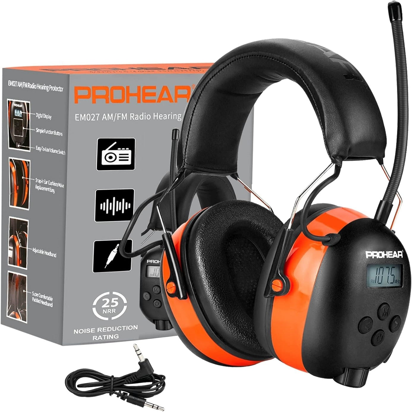 PROHEAR 027 AM FM Radio Headphones with Digital Display, 25dB NRR, Safety Ear Protection Earmuffs for Mowing, Snowblowing, Construction, Work Shops