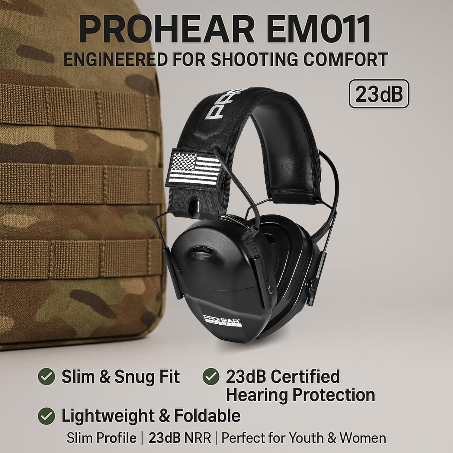 PROHEAR EM 011 Slim Electronic Shooting Earmuffs for Women & Youth 23dB NRR Hearing Protection with 4X Sound Amplification Lightweight, Compact Fit – Ideal for Range, Hunting & Mowing – Black