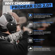PROHEAR 035 Bluetooth Rechargeable Shooting Ear Protection, Slim Noise Cancelling Earmuffs, NRR 22dB for Hunting & Tactical Gun Range