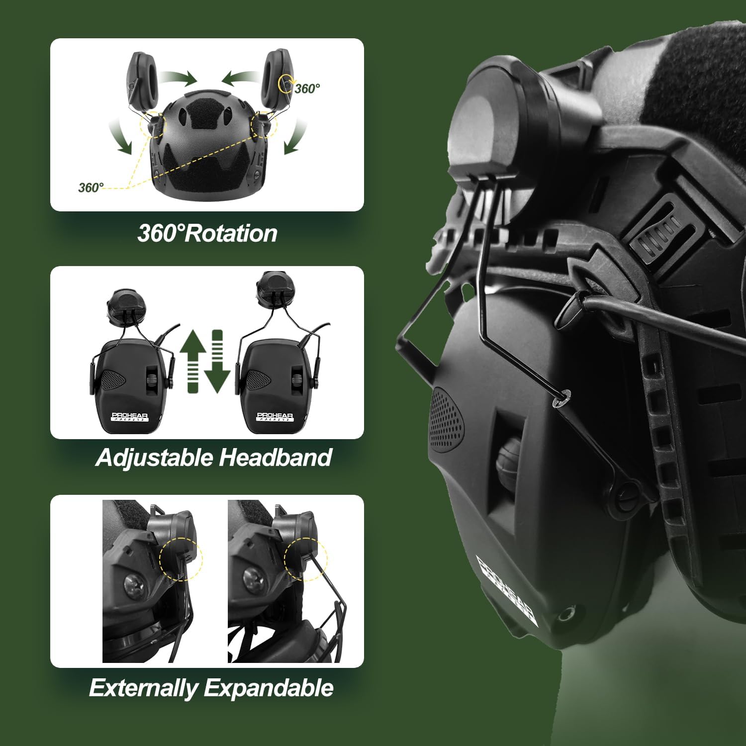 PROHEAR 026 BR04, suitable for helmet shooting earmuffs, NRR 23dB noise reduction hearing protection, 4 times sound amplification