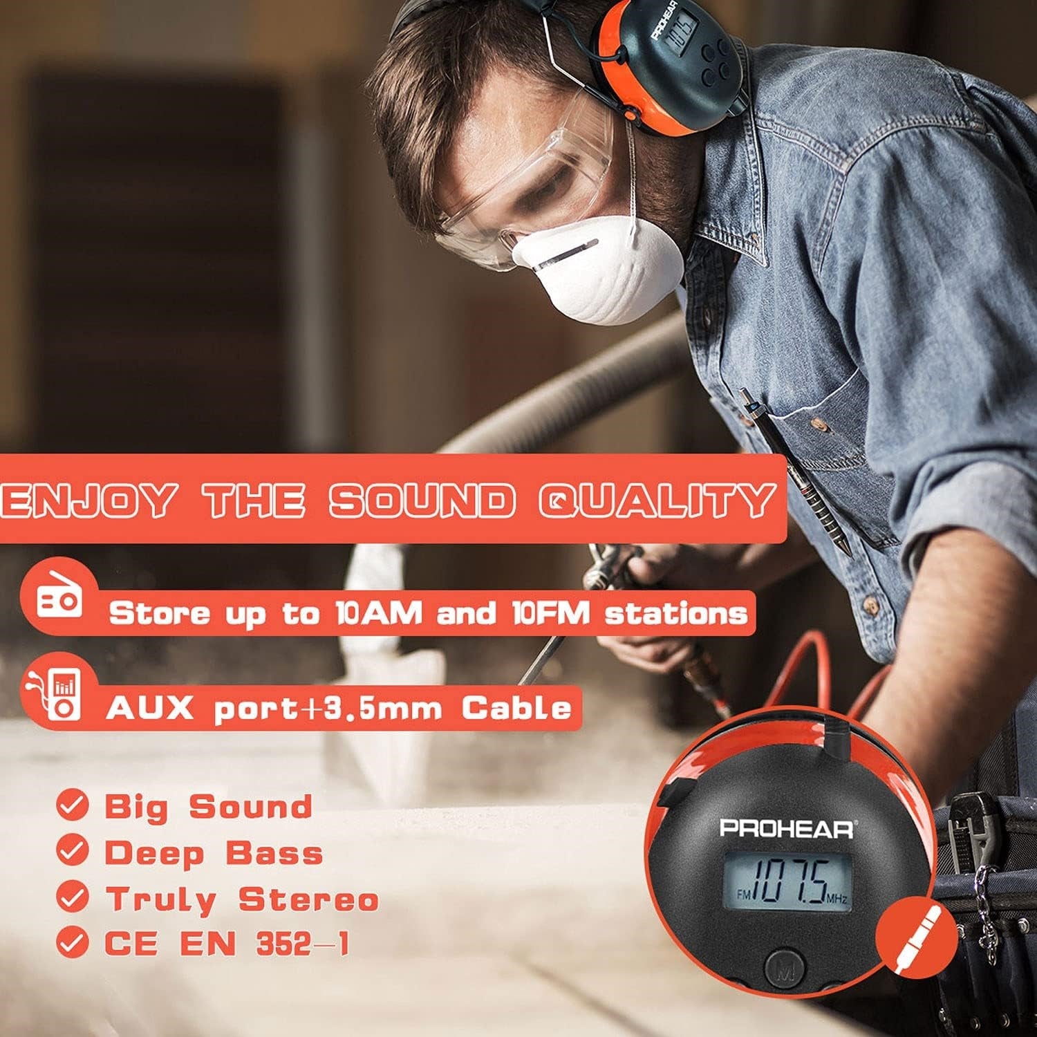 PROHEAR 027 AM FM Radio Headphones with Digital Display, 25dB NRR, Safety Ear Protection Earmuffs for Mowing, Snowblowing, Construction, Work Shops