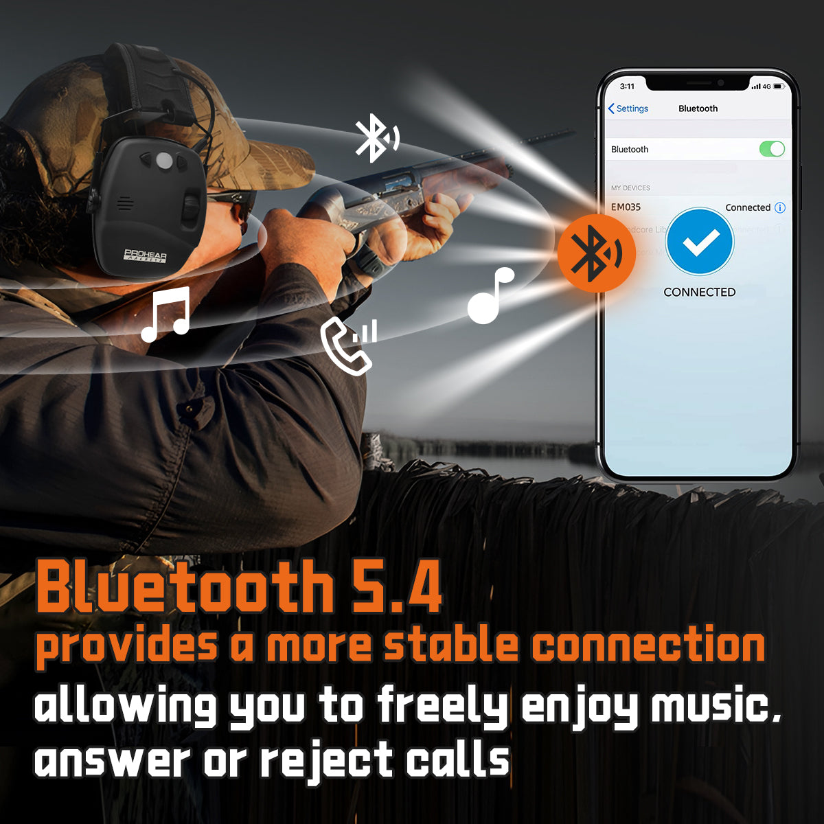 PROHEAR 035 Bluetooth Rechargeable Shooting Ear Protection, Slim Noise Cancelling Earmuffs