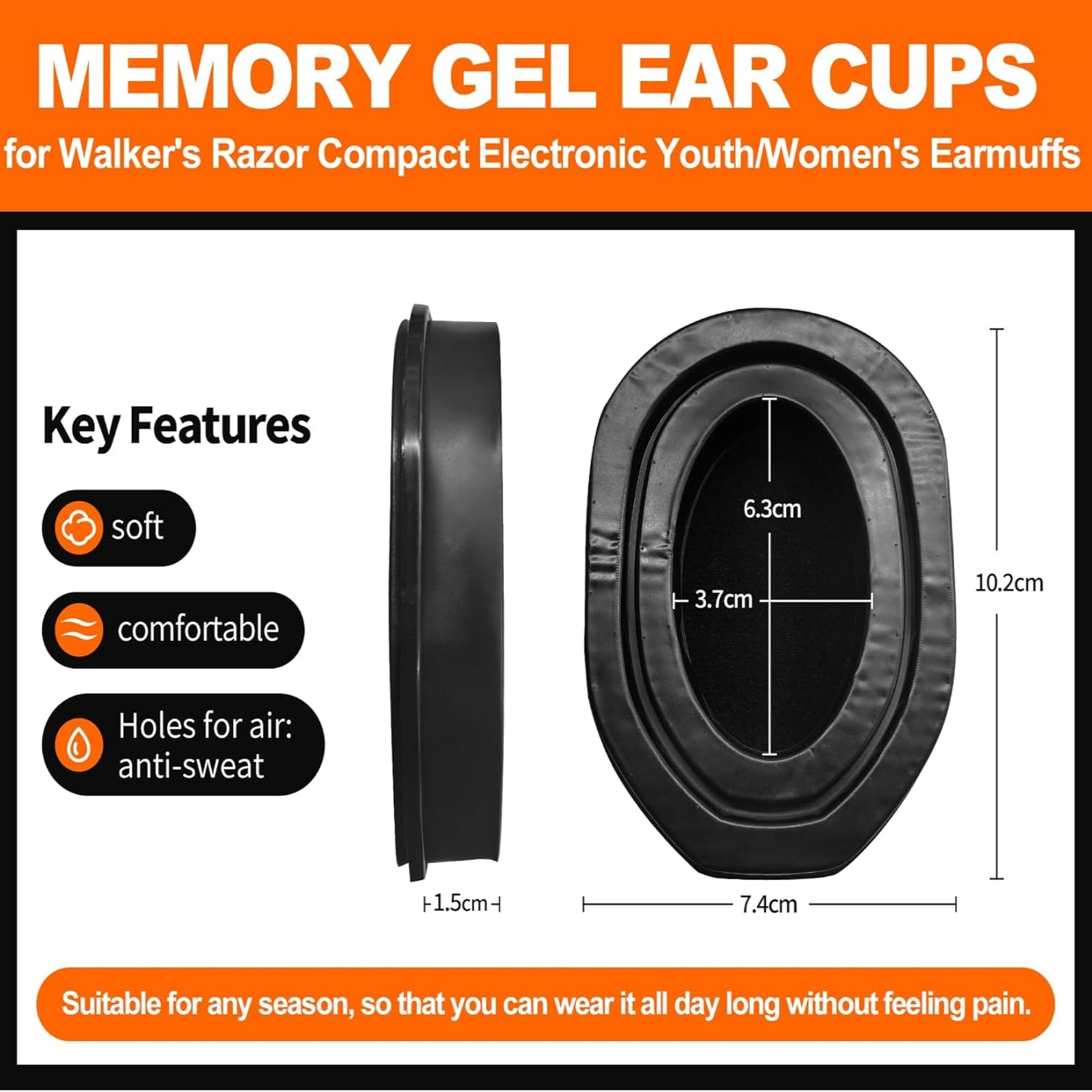 PROHEAR GEP05 Upgraded Gel Ear Pads for Walker's Razor Compact Electronic Youth Women's Muffs, Comfortable and Soft Replacement Gel Ear Cups with Sealed Bottom Shell