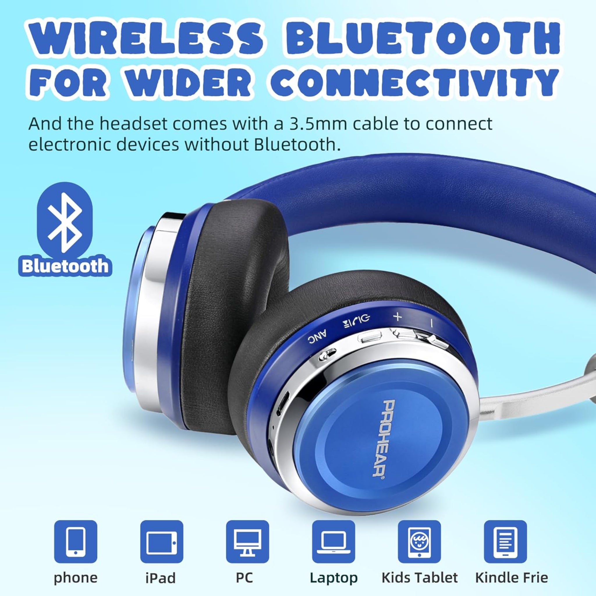 PROHEAR 010 Pro Active Noise Cancelling Headphones for Kids – Bluetooth, 85dB Safe Volume, 80H Playtime, Hi-Fi Over-Ear Wireless Headphones with Mic for iPad, Tablet, Travel