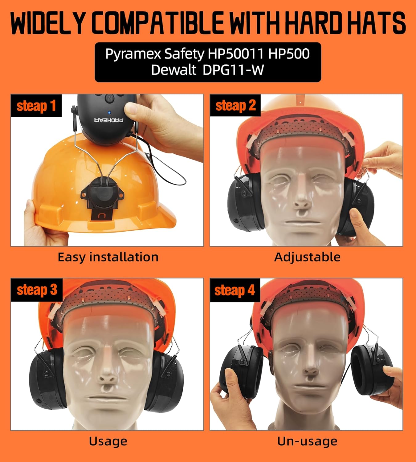 PROHEAR Electronic Bluetooth Hearing Protection Earmuffs (with adapter) for 3M H-700 Hard Hats, DEWALT Hard Hats for Mowing and Construction
