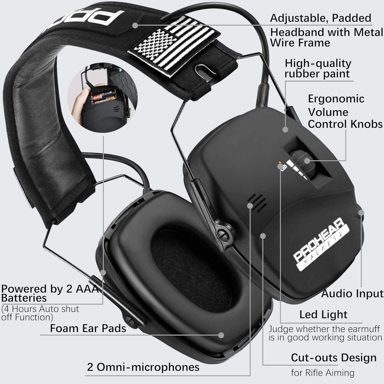 PROHEAR 036 Electronic Shooting Noise Reduction Earmuffs, Indicator Light, 5x Sound Amplification, 23dB NRR, Suitable for Shooting and Hunting