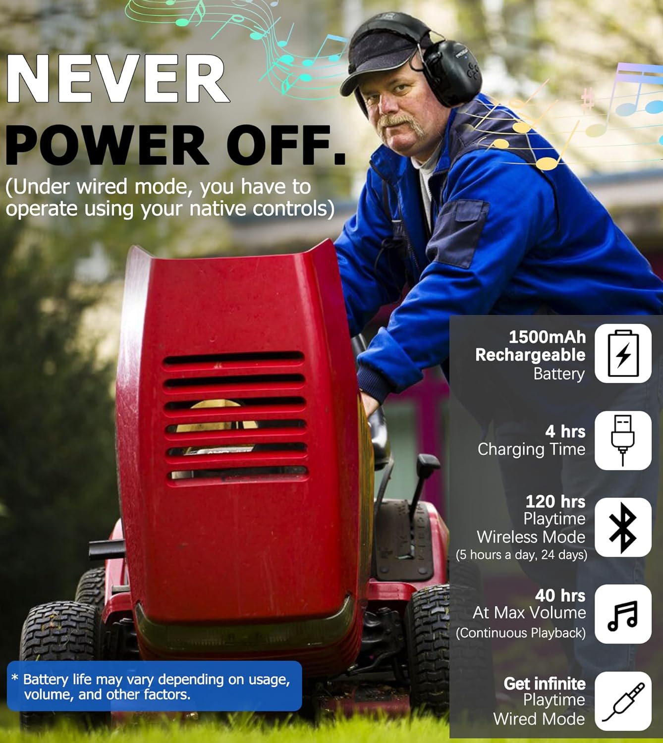 PROHEAR 037 Bluetooth 5.3 Safety Ear Muffs – 25dB NNR Hearing Protection, 120H Battery for Mowing & Work