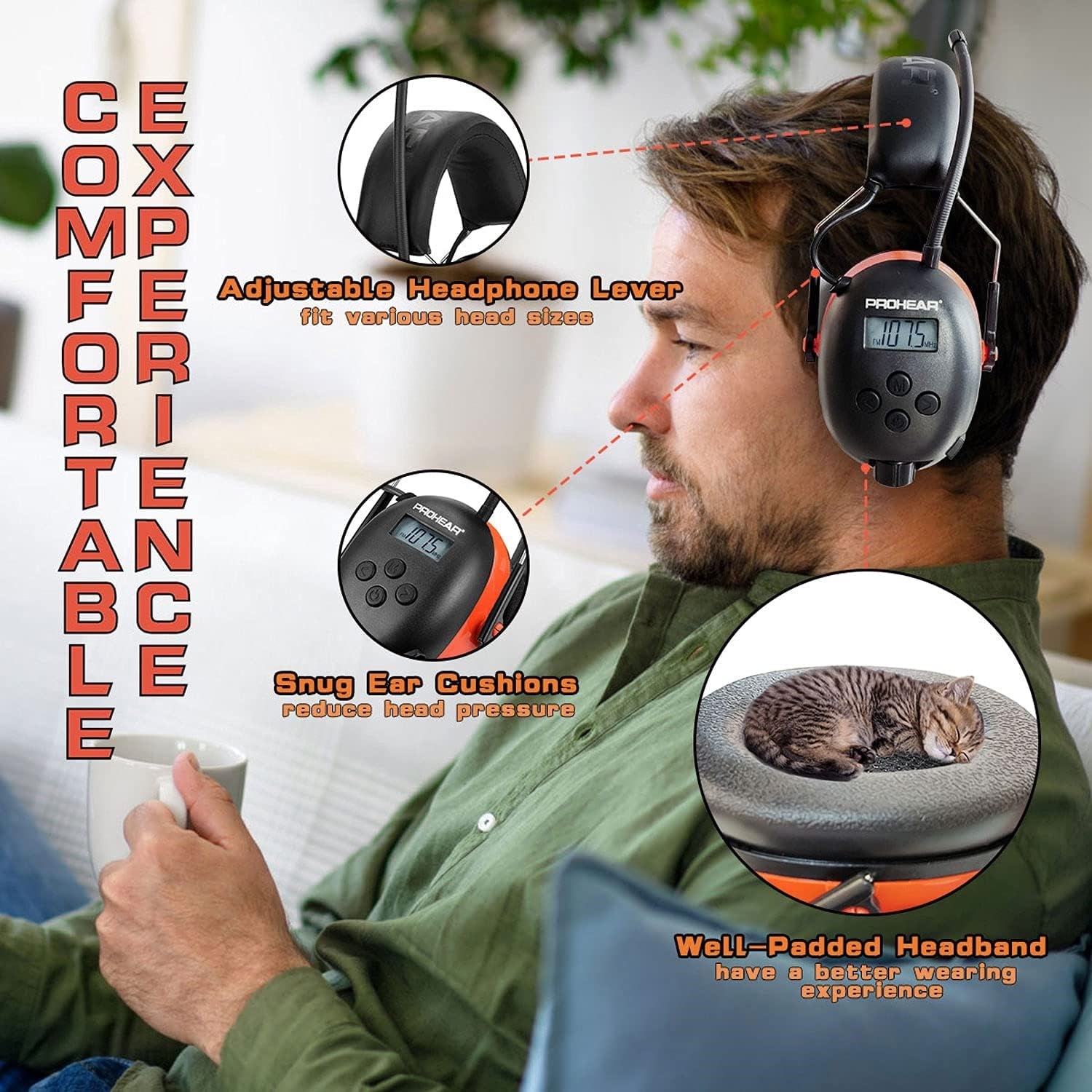 PROHEAR 027 AM FM Radio Headphones with Digital Display, 25dB NRR, Safety Ear Protection Earmuffs for Mowing, Snowblowing, Construction, Work Shops