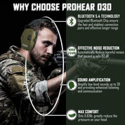 PROHEAR 030 Bluetooth electronic shooting hearing protection earmuffs, NRR 22dB/SNR 27dB, intelligent noise reduction, 5 times amplified sound, suitable for shooting and hunting