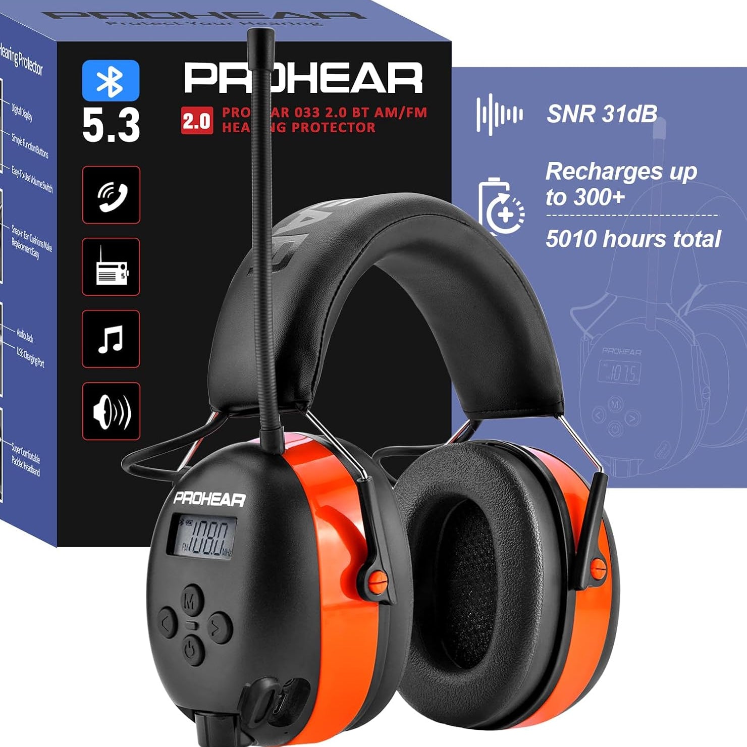 PROHEAR 033 2.0 safety protection noise reduction earmuffs, 5.4 Bluetooth, AM FM radio headset, with rechargeable 2000 mAH battery, suitable for mowing, lawn mowing and other labor protection scenes
