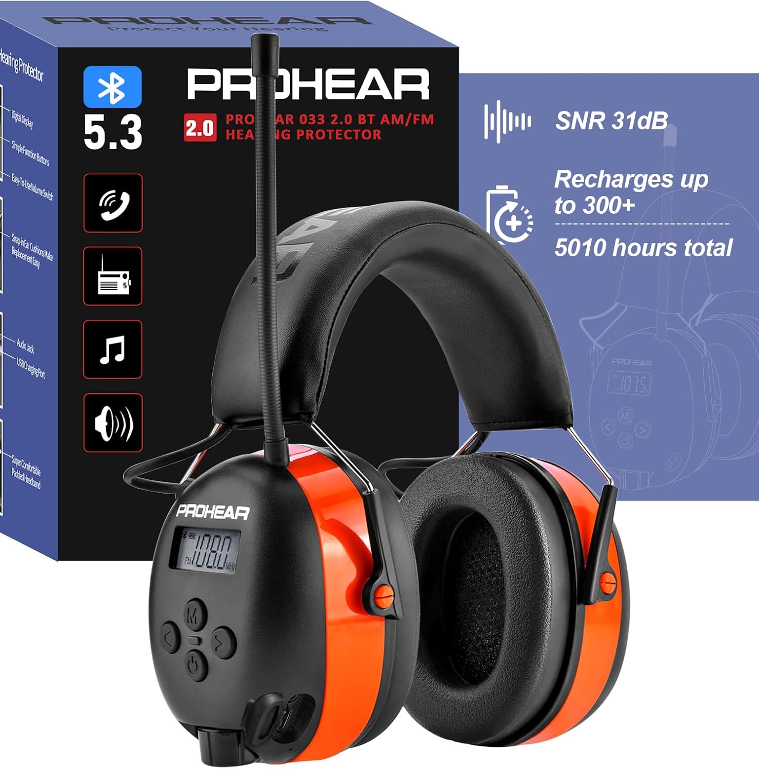 PROHEAR 033 2.0 safety protection noise reduction earmuffs, 5.4 Bluetooth, AM FM radio headset, with rechargeable 2000 mAH battery, suitable for mowing, lawn mowing and other labor protection scenes