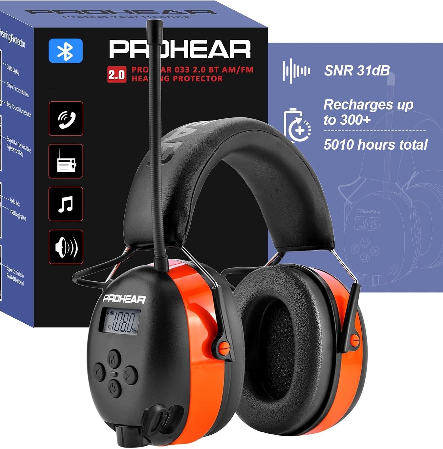 PROHEAR 033 2.0 safety earmuffs, 5.4 Bluetooth, AM FM radio headset
