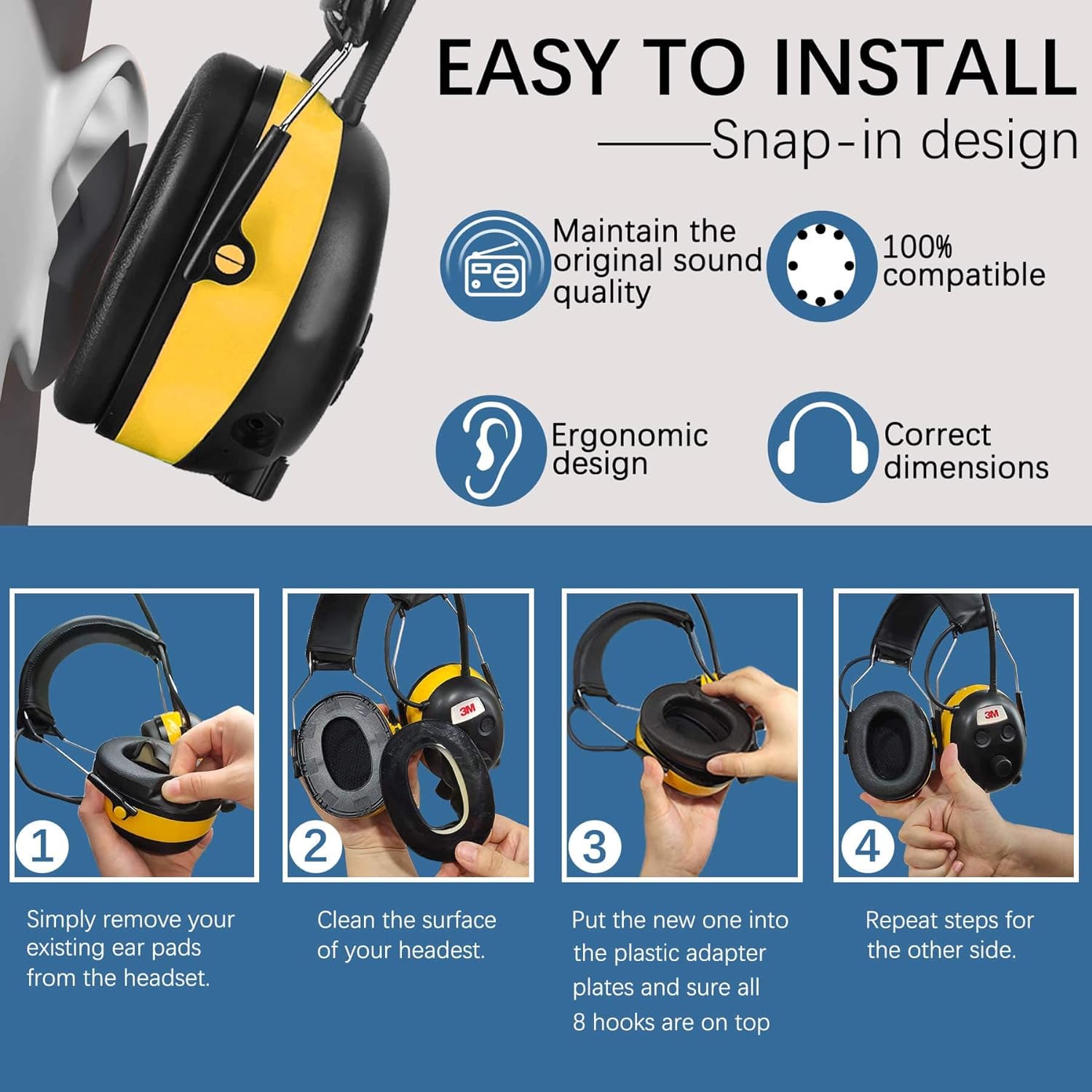 PROHEAR FEP01 Replacement Foam Ear Pads (Upgraded) for PROHEAR （037,027,033）,3M WorkTunes Connect(90543, 90544, 90542, 90541,90507), ZOHAN EM042