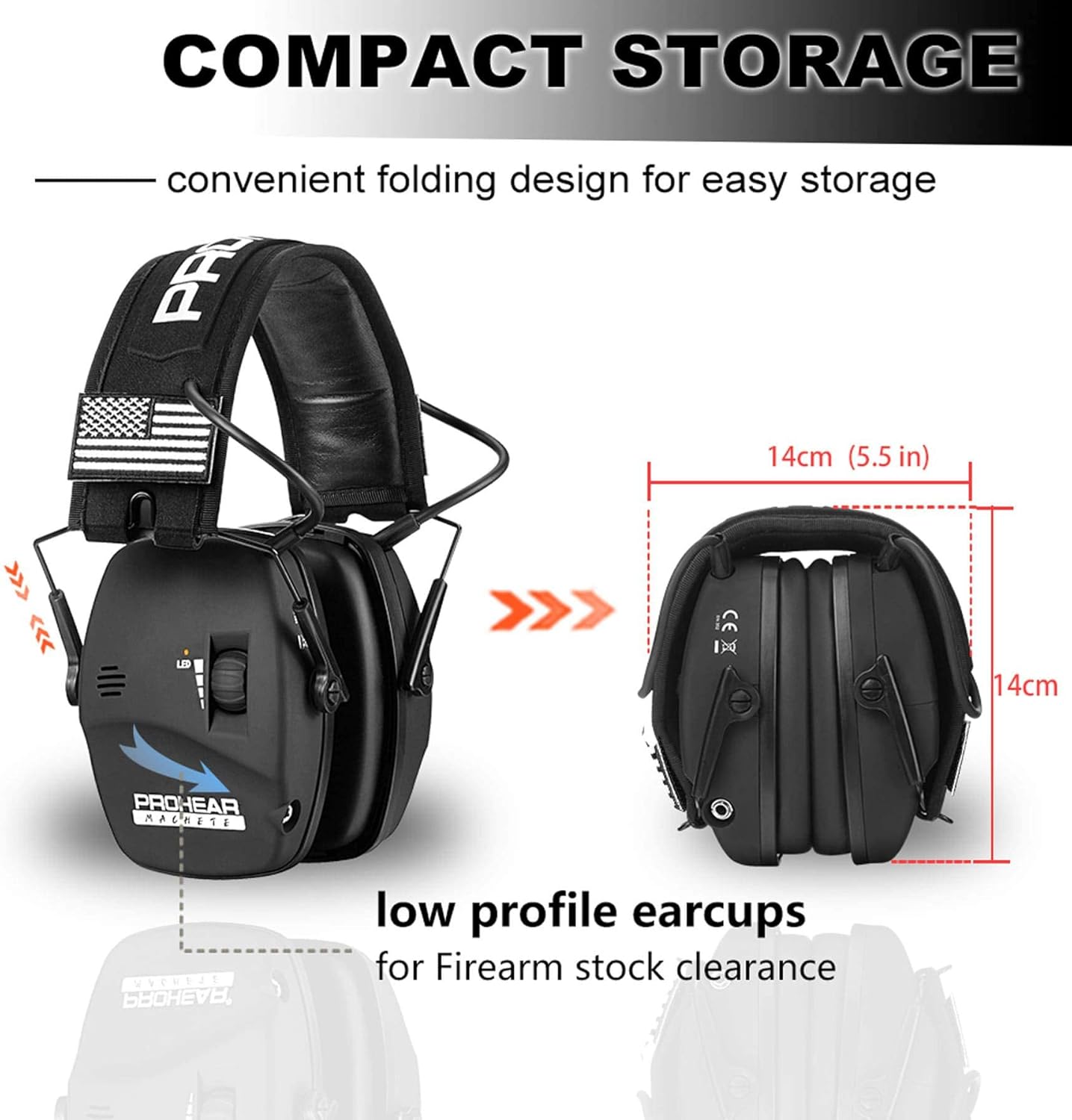PROHEAR 036 Electronic Shooting Noise Reduction Earmuffs, Indicator Light, 5x Sound Amplification, 23dB NRR, Suitable for Shooting and Hunting