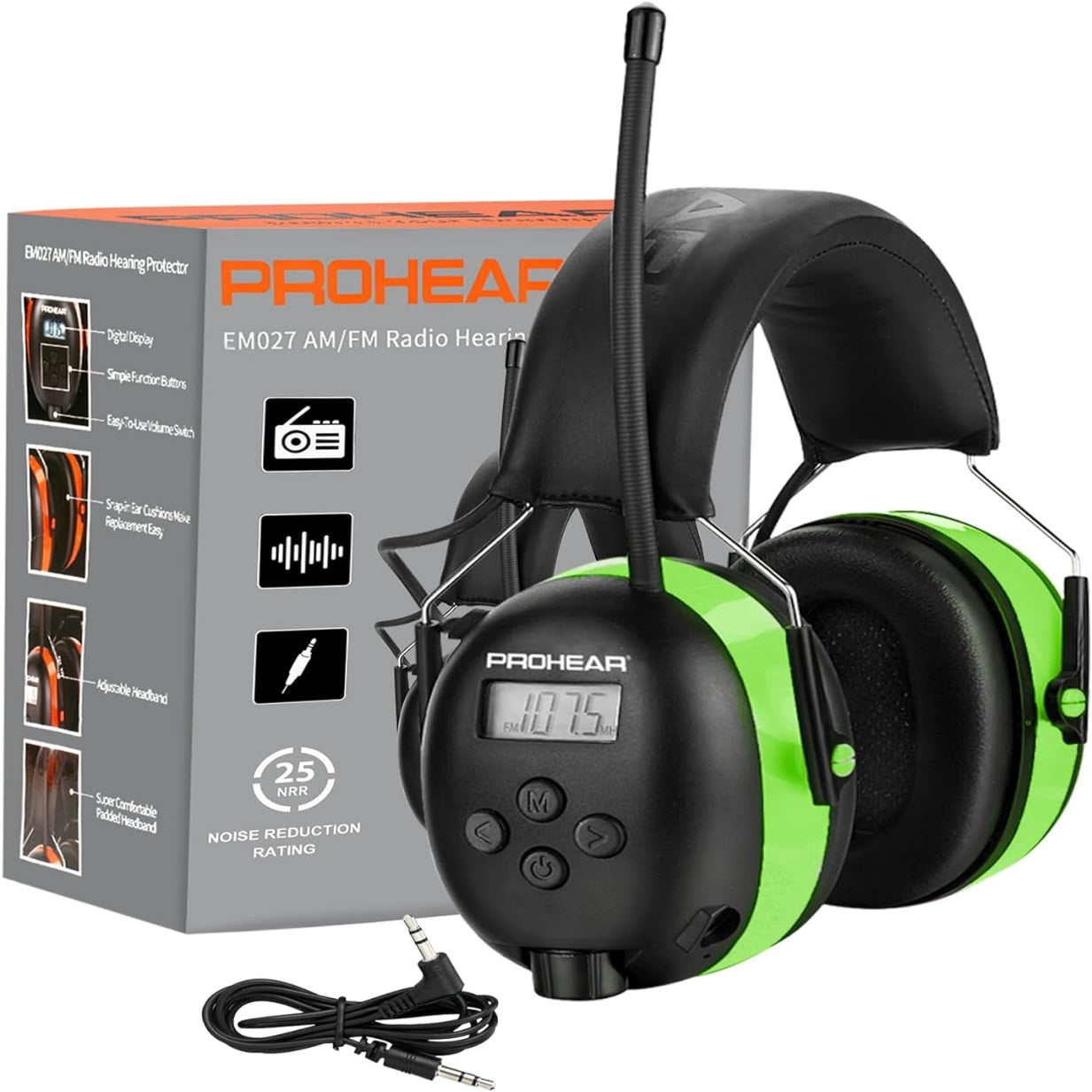 PROHEAR 027 AM FM Radio Headphones with Digital Display, 25dB NRR, Safety Ear Protection Earmuffs for Mowing, Snowblowing, Construction, Work Shops