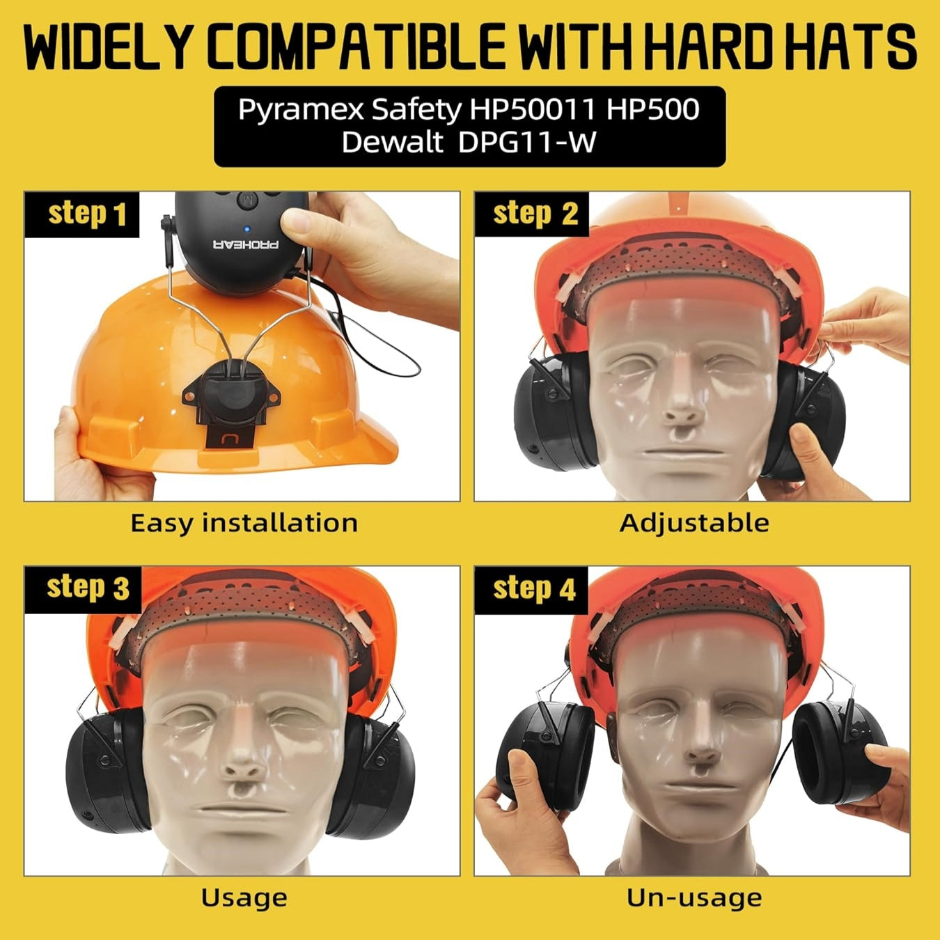PROHEAR 037BR04 Bluetooth Hearing Protection with Adapter for 3M H-700 Hard Hats/DEWALT Hard Hat, 40H Playtime Safety Headphone for Construction Worker, Mowing